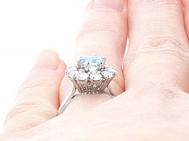 Vintage Aquamarine Engagement Ring Wearing Close Up 