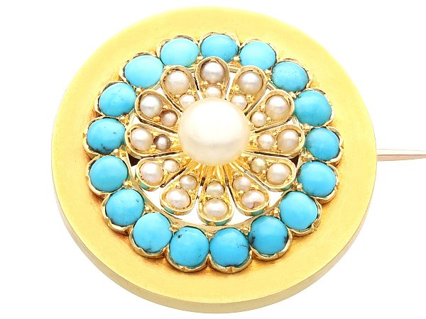 Circular Turquoise Brooch with Pearls