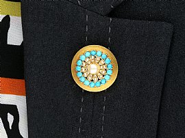 Circular Turquoise Brooch with Pearls Wearing Image
