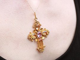 antique gold topaz pendant wearing side on 