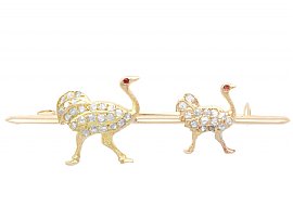 0.13ct Diamond and Amethyst, 15ct Yellow Gold Ostrich Brooch - Antique Victorian Circa 1890