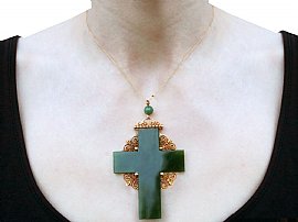 Victorian Gold Cross Pendant with Nephrite  Wearing Image