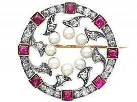 1.09ct Ruby and 1.54ct Diamond, Natural Pearl and 12ct Yellow Gold Brooch - Victorian Circa 1890