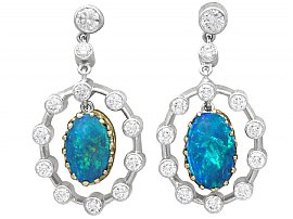 2.02ct Opal and 0.72ct Diamond, 18ct White Gold Drop Earrings - Antique Circa 1930
