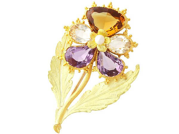 Gemstone and Gold Pansy Brooch
