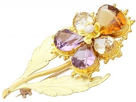 Gemstone and Gold Pansy Brooch Antique 