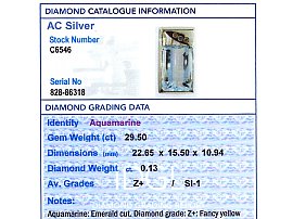 Aquamarine and Diamond Pendant in 14k Yellow Gold Grading Card