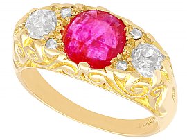 1.15ct Burmese Ruby and 1.36ct Diamond, 18ct Yellow Gold Trilogy Ring - Antique Circa 1930