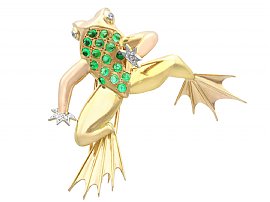 0.75ct Emerald and 0.11ct Diamond 18ct Yellow Gold Frog Brooch - Vintage French Circa 1950