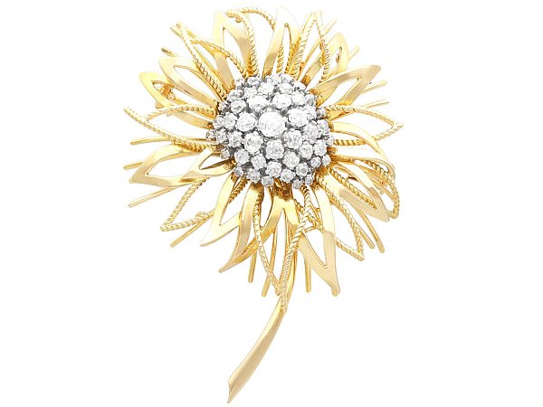 Gold Flower Diamond Brooch Vintage 