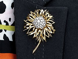 Gold Flower Diamond Brooch Vintage Wearing Image