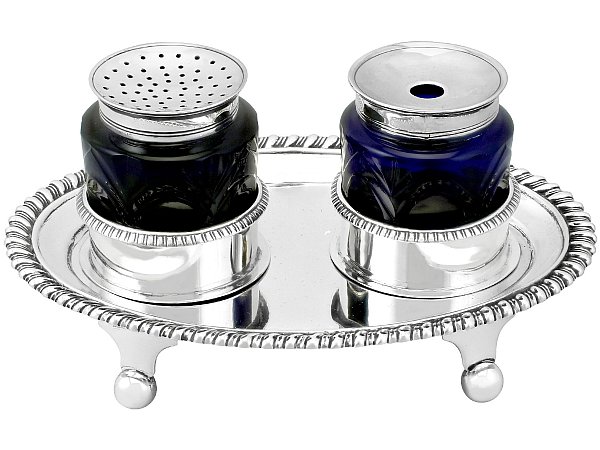 Antique Silver Inkstand with Blue Glass