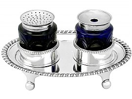 Antique Silver Inkstand with Blue Glass