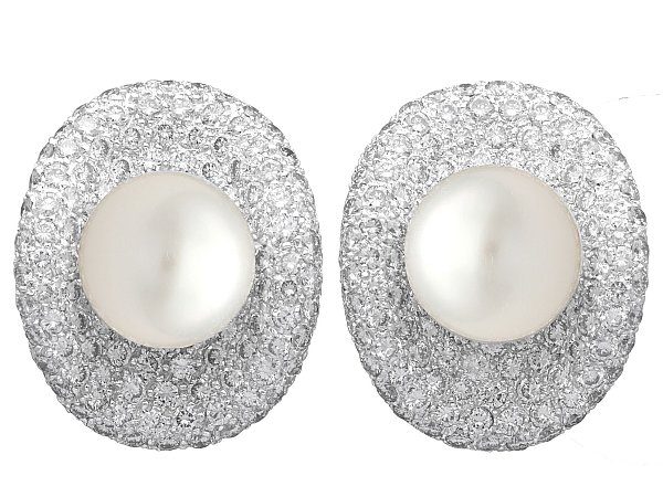 Vintage Pearl Earrings White Gold with Diamonds