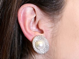 Vintage Pearl Earrings White Gold with Diamonds Wearing Image