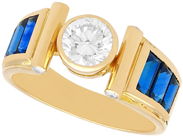 Gold Diamond Ring with Sapphire Side Stones