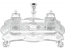 Sterling Silver and Glass Inkstand / Desk Standish - Antique Victorian (1881); C6799