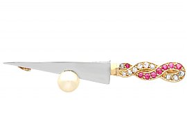 Pearl, 0.22ct Ruby and 0.19ct Diamond, Platinum and 18 ct Yellow Gold Sword Brooch - Vintage Circa 1950