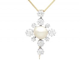 5.11ct Natural Saltwater Pearl and 3.04ct Diamond, 15ct Yellow Gold Brooch / Pendant - Antique Circa 1890