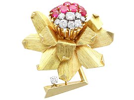 Gold Vintage Floral Brooch with Rubies