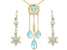 2.71ct Aquamarine and Pearl, 15ct Yellow Gold Earring and Pendant Set - Antique Circa 1900