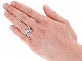 Sapphire and Diamond halo Style Ring Wearing Image
