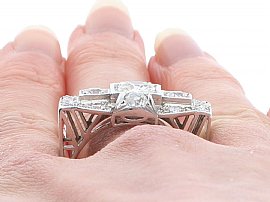 Art Deco Diamond Ring Close Up Wearing 