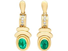 1.60ct Emerald and 0.06ct Diamond, 18ct Yellow Gold Drop Earrings - Art Deco Style - Vintage Circa 1980