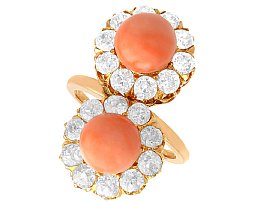 6.06ct Coral and 2.86ct Diamond, 18ct Rose Gold Dress Ring - Antique Circa 1930