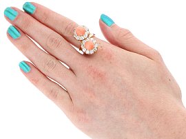 Antique Coral and Diamond Dress Ring Being Worn
