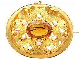 14.32ct Citrine and Pearl, 20ct Yellow Gold Brooch - Antique Victorian Circa 1860