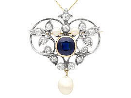 2.86ct Sapphire and 1.33ct Diamond, Pearl and 15ct Yellow Gold Pendant / Brooch - Antique Victorian