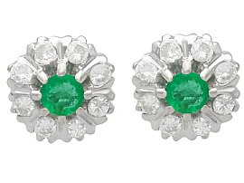 0.56ct Emerald and 0.65ct Diamond, 14ct White Gold Cluster Earrings - Vintage Circa 1970