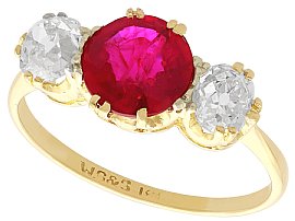 1.65ct Ruby and 1.02ct Diamond, 18ct Yellow Gold Trilogy Ring - Antique Circa 1915