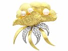 0.75ct Diamond and Cultured Pearl, 18ct Yellow Oyster Shell Brooch - Vintage Circa 1950