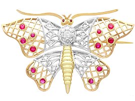Synthetic Ruby and 0.28ct Diamond and 18ct Yellow Gold Butterfly Brooch - Antique Circa 1940