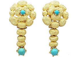 1.10ct Turquoise and 18ct Yellow Gold Earrings - Vintage Circa 1950