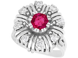 0.88ct Ruby and 0.40ct Diamond, 18ct White Gold Dress Ring - Vintage Circa 1950