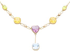 2.36ct Aquamarine, 3.72ct Citrine, 2.10ct Amethyst, 0.80ct Peridot and Pearl, 12ct Yellow Gold Necklace - Antique Circa 1890