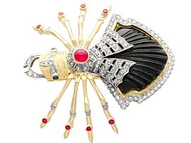2.75ct Diamond, 0.87ct Ruby, Sapphire and Onyx, 18ct Yellow Gold Scarab Beetle Brooch - Vintage Circa 1950