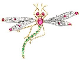 Antique Dragonfly Brooch with Emeralds, Rubies and Diamonds in 18ct Yellow Gold