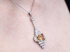 Wearing Image Art Deco Diamond Pendant Platinum