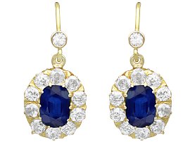 Antique Blue Sapphire and 1.20 ct Diamond Drop Dangle Earrings in Gold