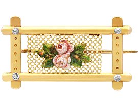 Diamond and Enamel, 15ct Yellow Gold Gate Brooch - Antique Victorian