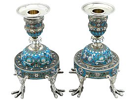 Russian Silver and Polychrome Cloisonne Enamel Candlesticks - Antique 1891