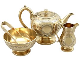 Sterling Silver Gilt Three Piece Bachelor Tea Service - Antique Victorian (1876); C7312