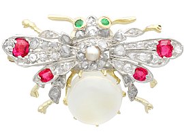 Antique 3.10ct Moonstone Ruby Emerald Diamond and Pearl Yellow Gold Bug Brooch