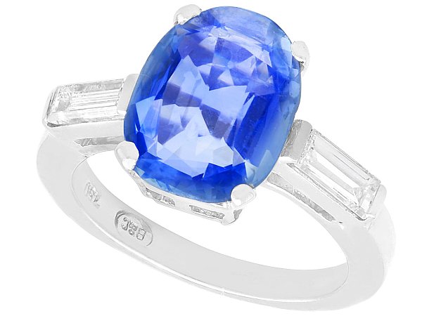 Cushion Cut Sapphire Ring with Baguette Side Stones