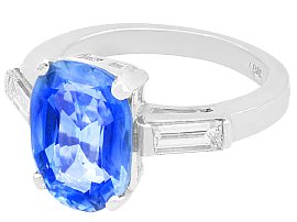 Cushion Cut Sapphire Ring with Baguette Side Stones for Sale