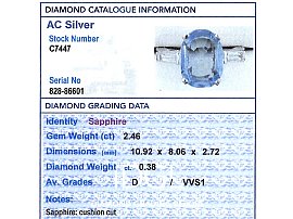 Cushion Cut Sapphire Ring with Baguette Side Stones Grading Card